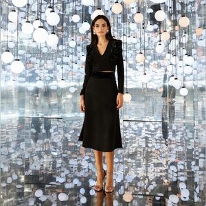 Black Sequin Trim Midi Skirt Set | Elegant Long Sleeve Top & Flared Skirt